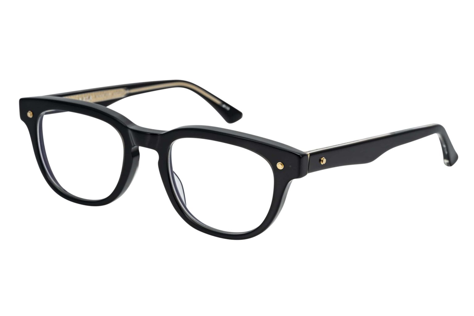 Occhiali Masunaga modello 109 in acetato nero con dettagli dorati e design classico giapponese