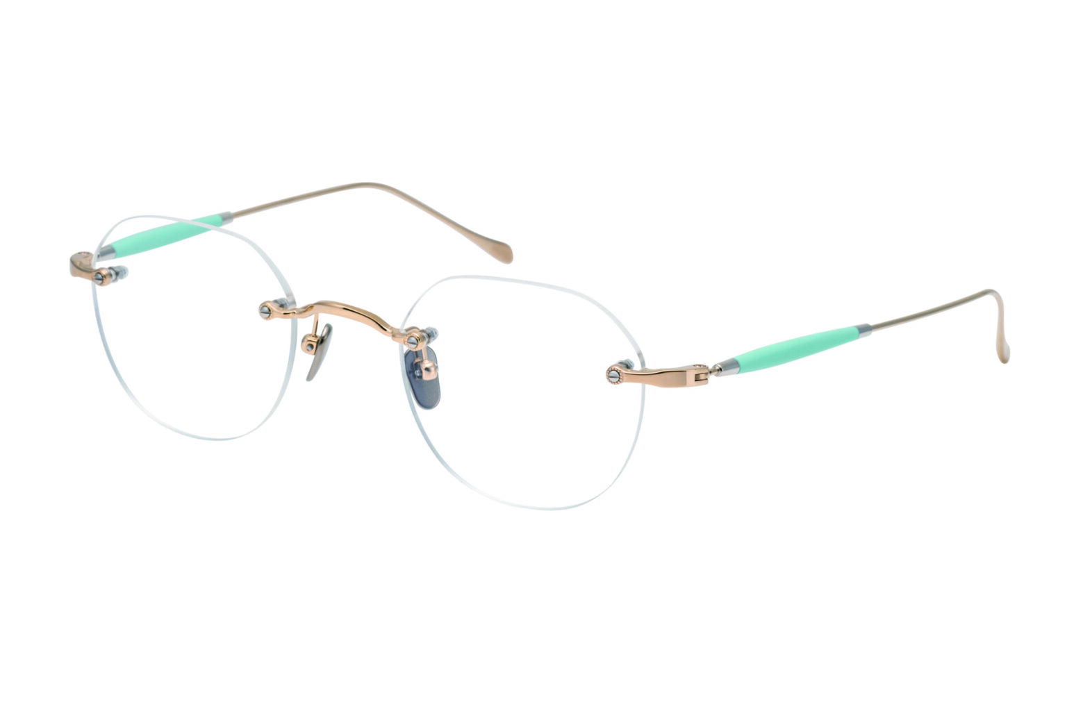Occhiali Masunaga modello GMS126T con montatura rimless oro e terminali azzurri in titanio