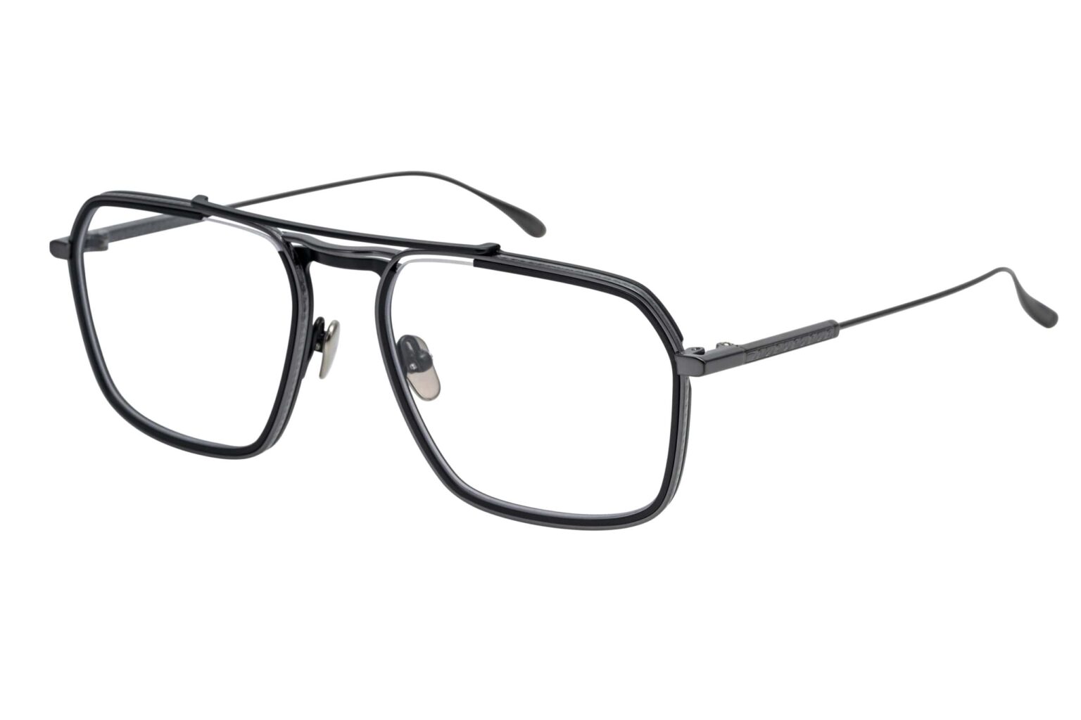 Occhiali Masunaga x Kenzo Takada modello 49 con montatura nera in metallo e design rettangolare